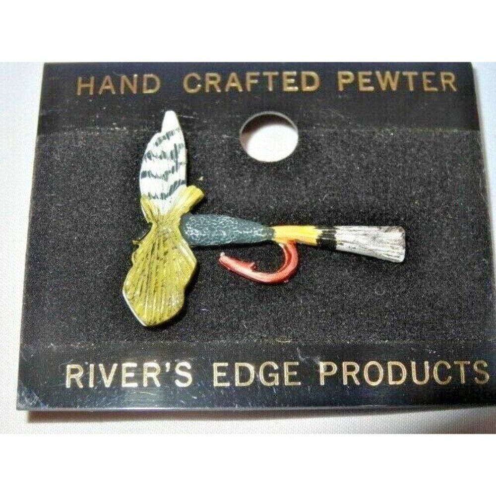 River's Edge Pewter Pin Fly Fishing Hook Lure Pinback Hand Painted Enamel Metal
